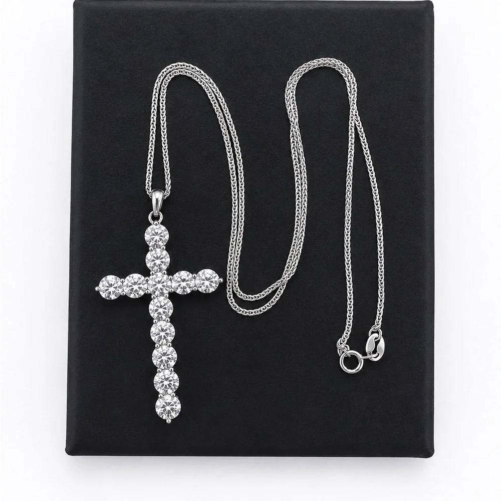 925 Sterling Silver 6.00CT MOISSANITE Cross Pendant Necklace Size 18”